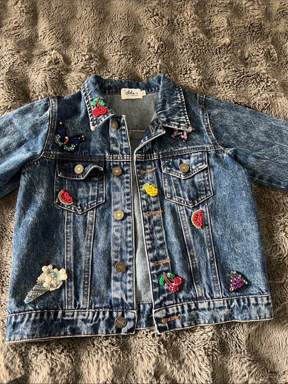 lola Denim Jacket with Colorful Beaded Fruit & Ice Cream Patches - Blue